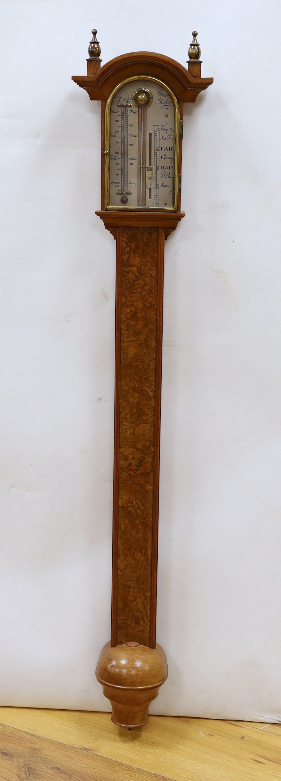 A Comitti & Son limited edition burr walnut and mahogany barometer, copy of a stick barometer by John Cuff, 100cm